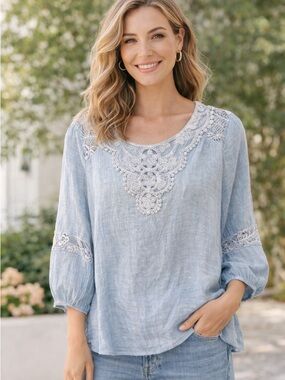 Boho Lace Blouse Light Blue Medium Indigo Rose Peasant Top Flowy Crochet